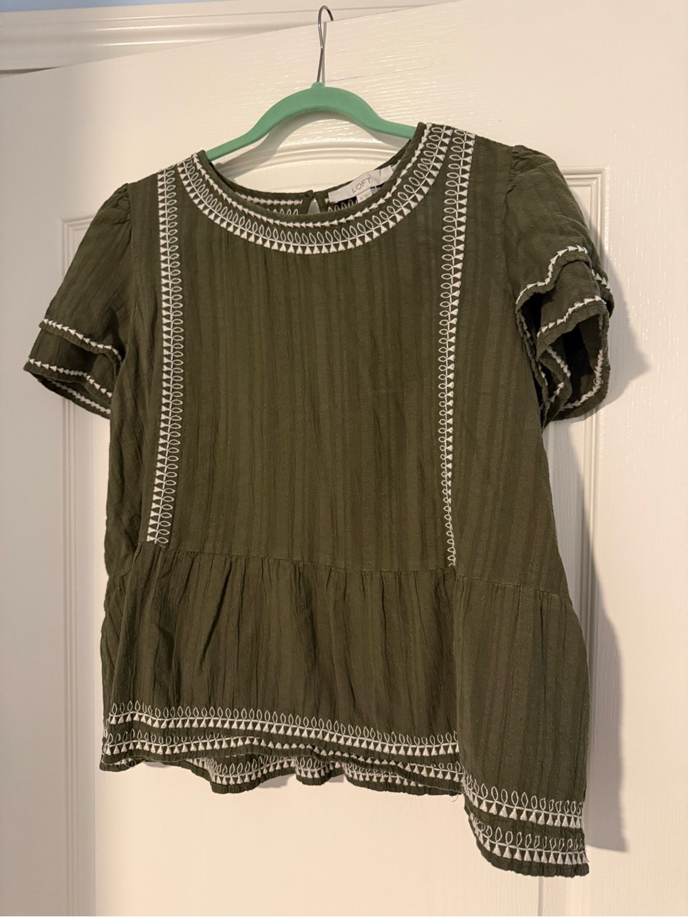 LOFT Olive Green Embroidered Peplum Blouse